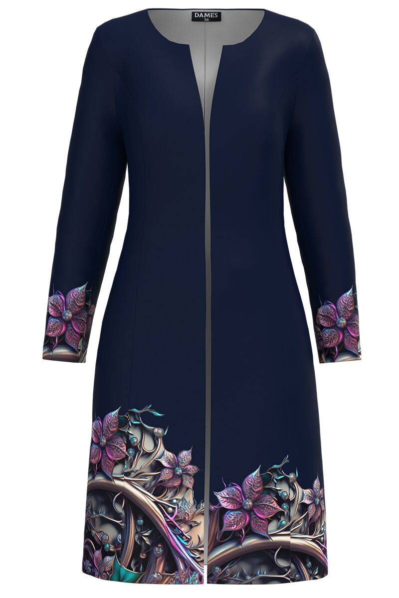 Jacheta de dama bleumarin lunga imprimata cu model Floral  CMD4163
