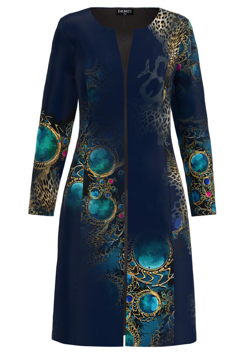 Jacheta DAMES de dama bleumarin lunga imprimata cu model turcoaz  
