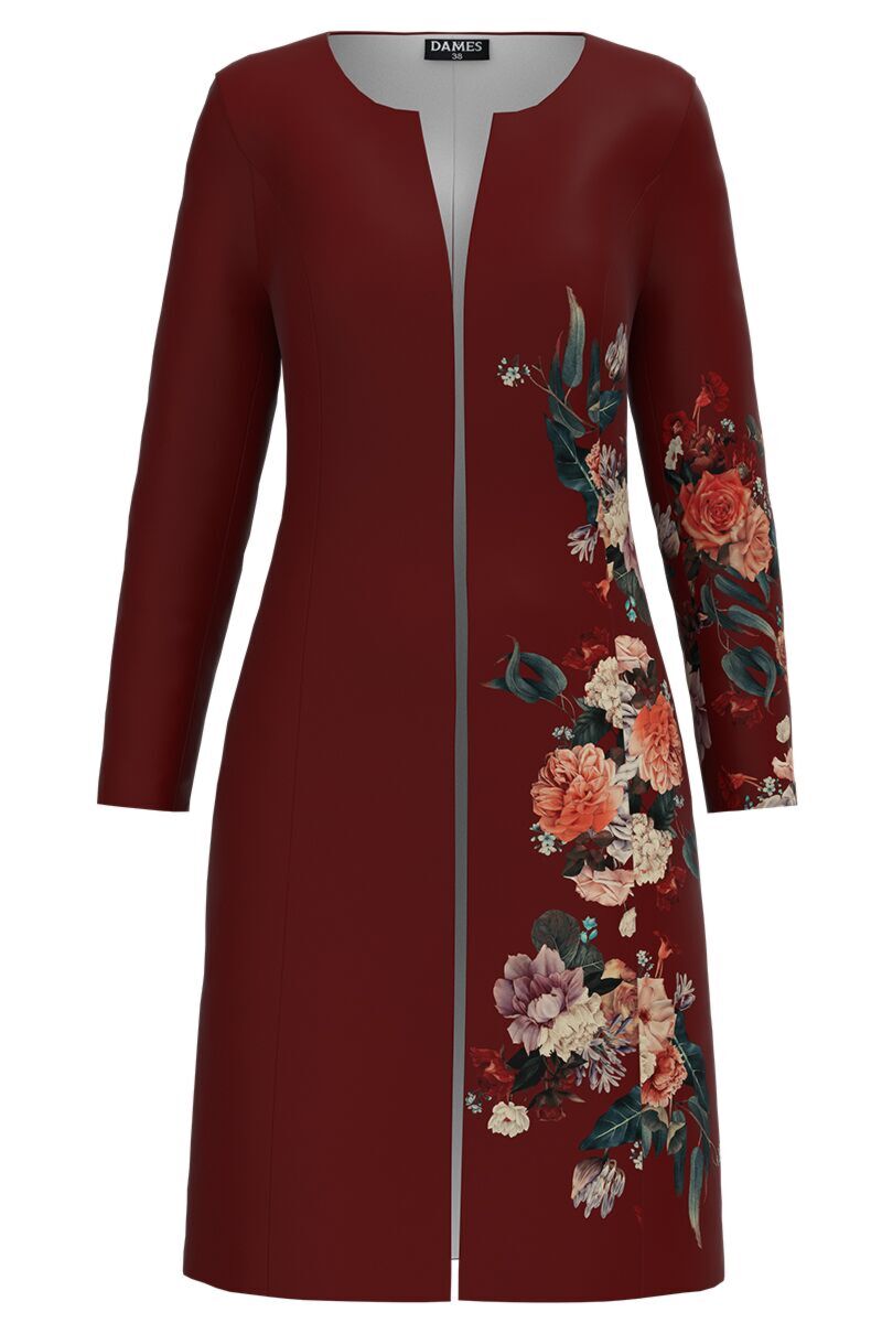 Jacheta de dama lunga grena imprimata cu model floral CMD1169-PROMO