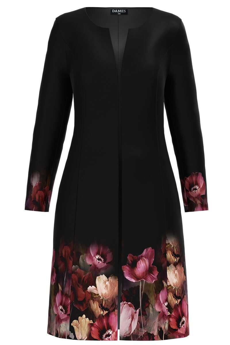 Jacheta de dama DAMES  lunga neagra imprimata cu model floral 