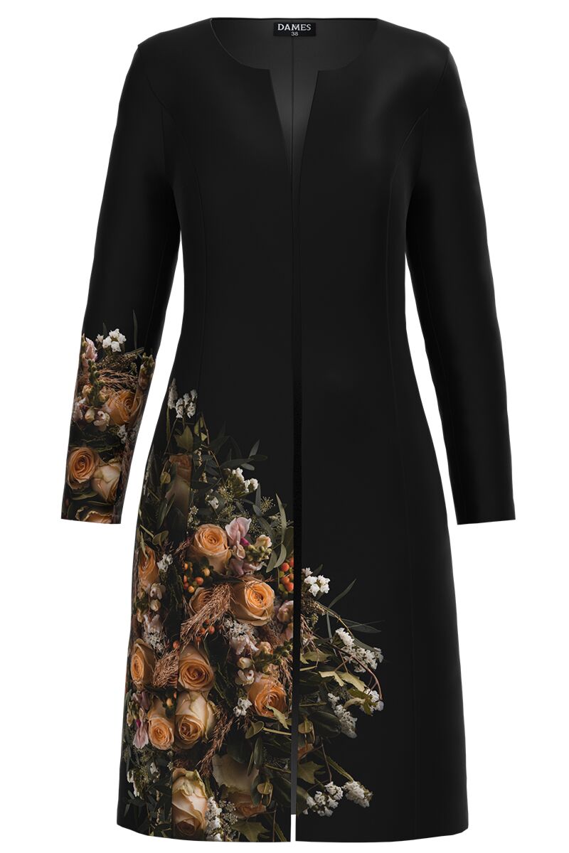 Jacheta de dama  DAMES lunga, neagra imprimata cu model floral trandafiri 