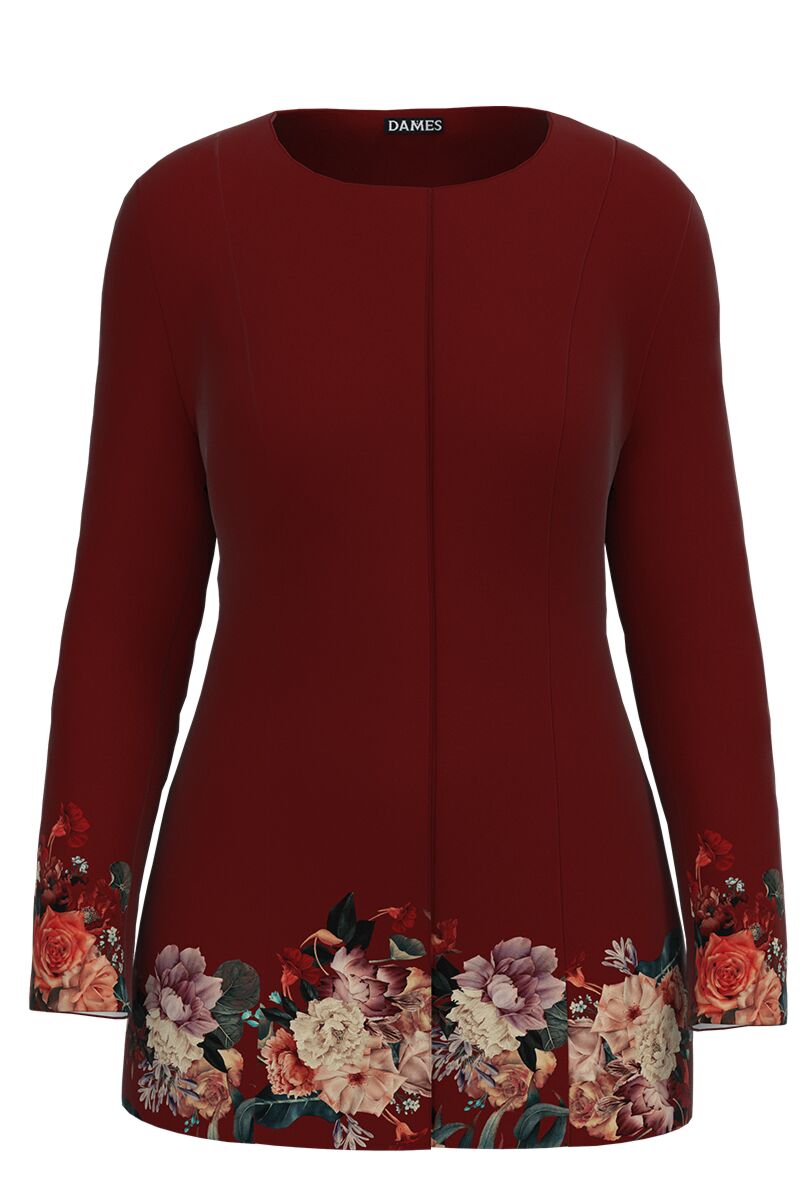 Jacheta de dama grena de lungime medie imprimata cu model Floral  CMD3487