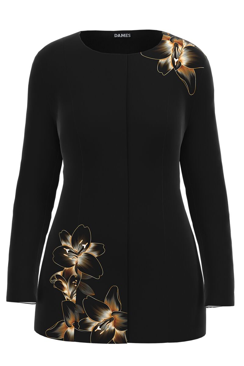 Jacheta de dama neagra de lungime medie imprimata cu model Crini 