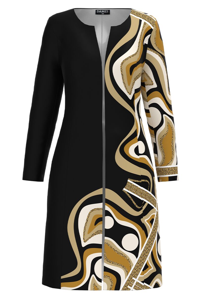 Jacheta de dama neagra lunga imprimata cu model abstract CMD3071