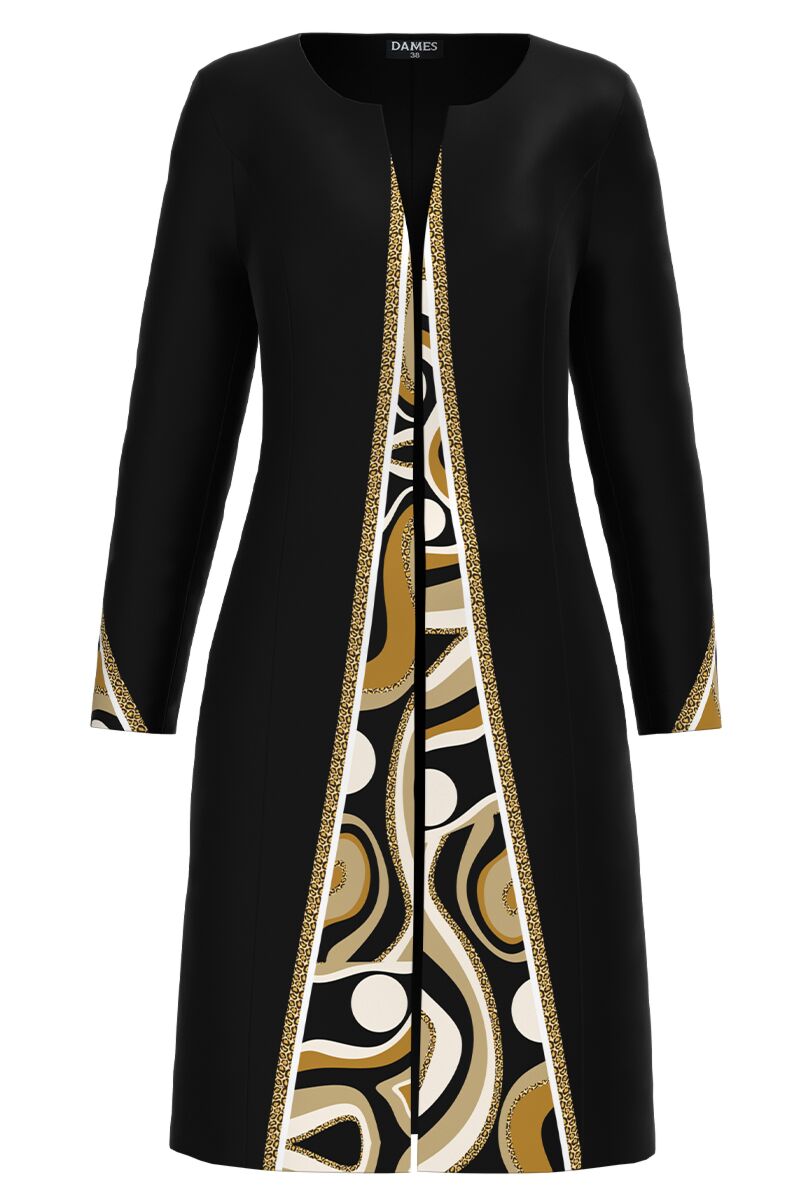 Jacheta de dama neagra lunga imprimata cu model abstract CMD3072