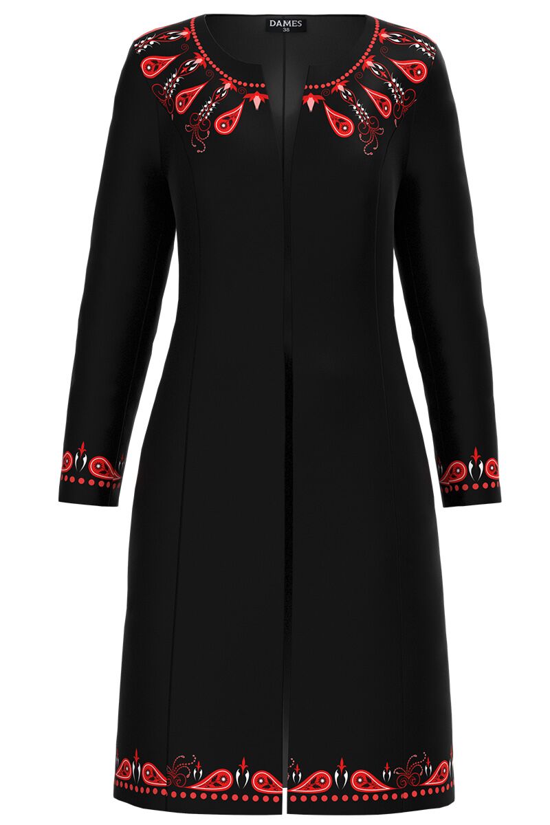 Jacheta DAMES neagra lunga imprimata cu model Etnic rosu