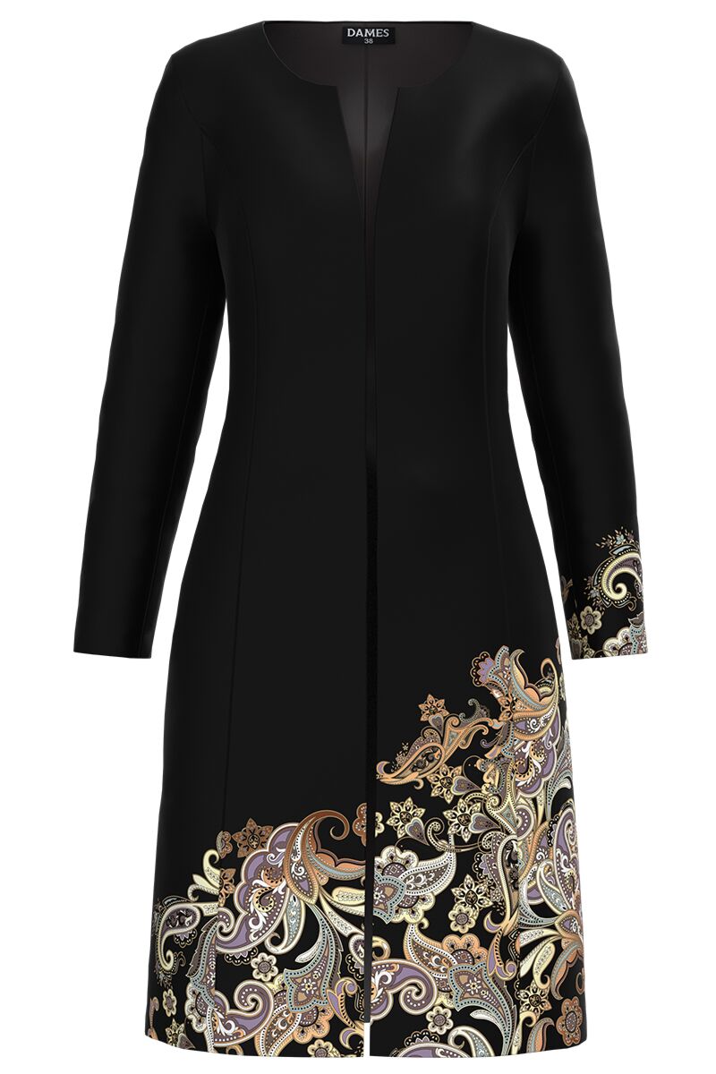 Jacheta de dama neagra lunga imprimata cu model floral CMD2036