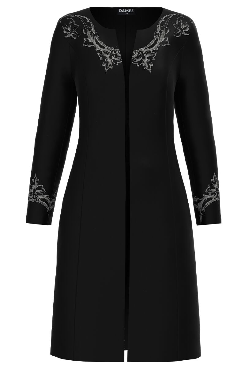 Jacheta de dama neagra lunga imprimata cu model floral CMD2462