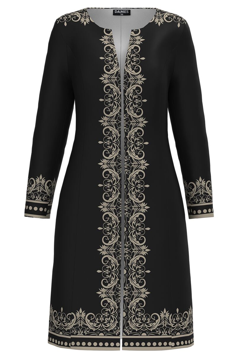 Jacheta de dama neagra lunga imprimata cu model floral CMD4041