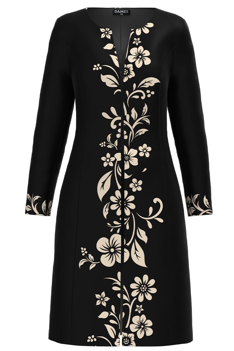 Jacheta de dama neagra lunga imprimata cu model floral CMD2466