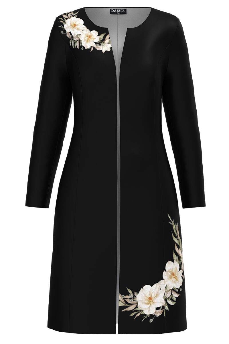 Jacheta de dama neagra lunga imprimata cu model floral  CMD4210