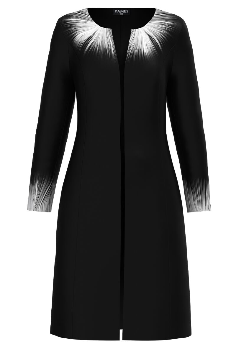 Jacheta de dama neagra lunga imprimata cu model grafic  CMD4256
