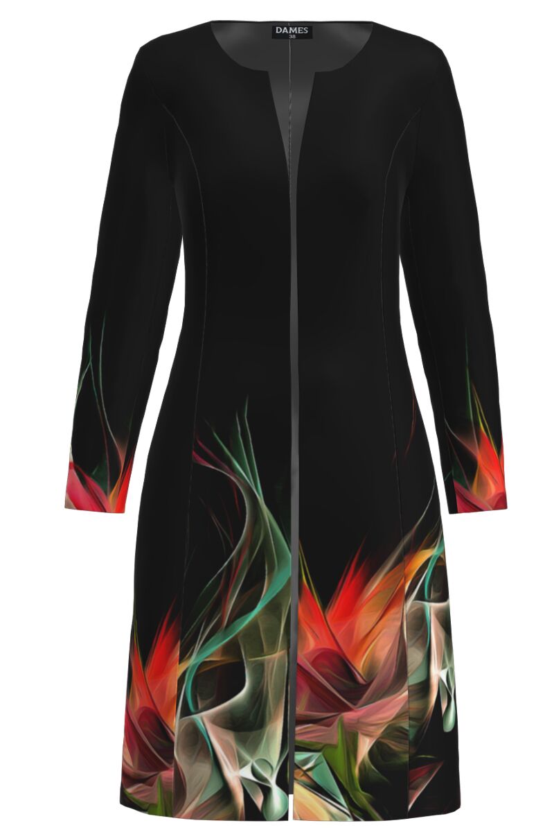 Jacheta de dama neagra lunga imprimata cu model multicolor 