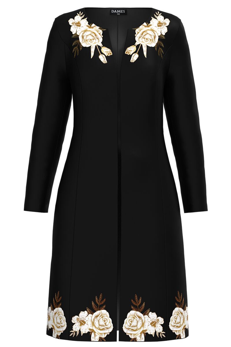 Jacheta de dama neagra lunga imprimata cu model Trandafiri  CMD4093