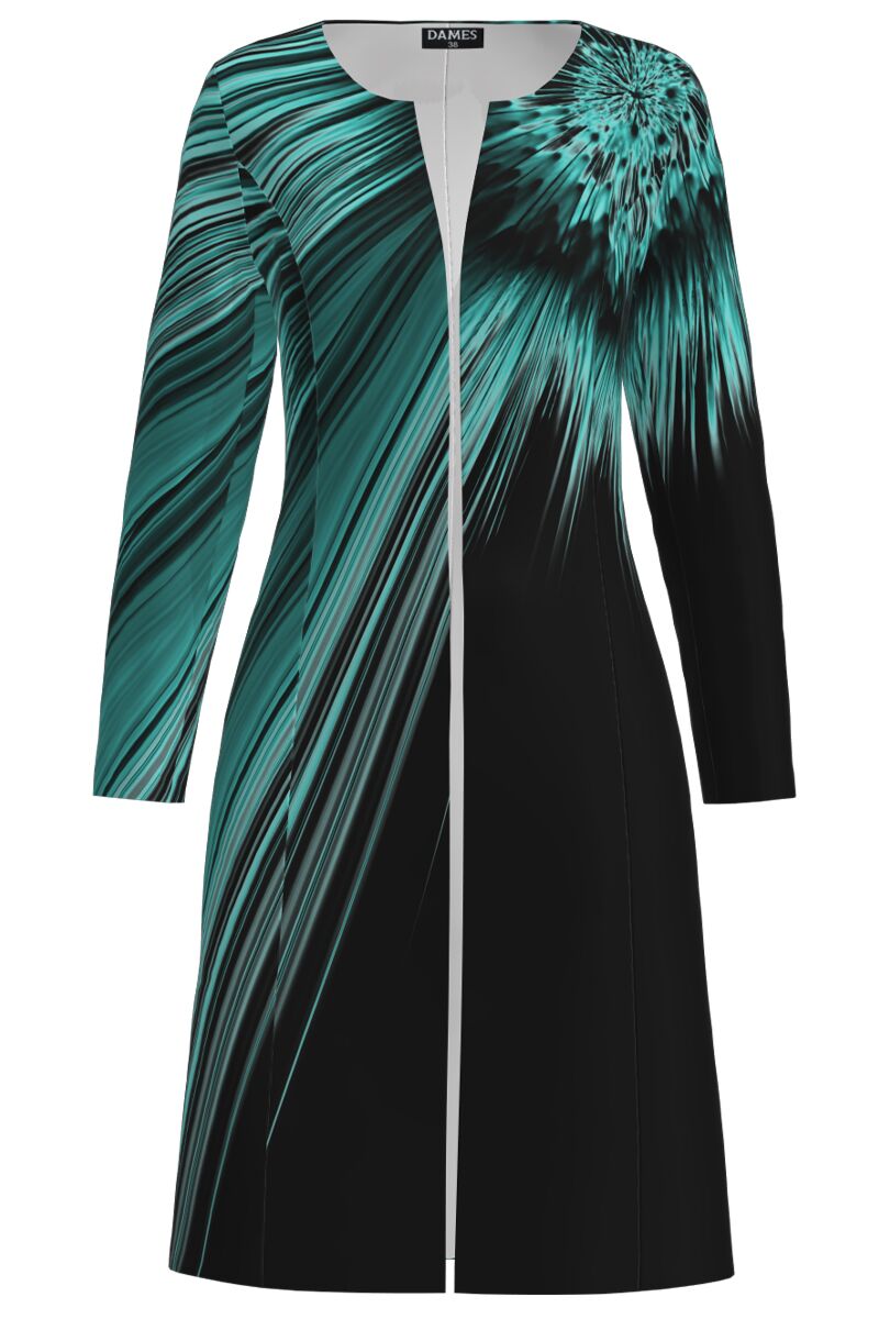 Jacheta de dama neagra lunga imprimata cu model turcoaz  CMD2693
