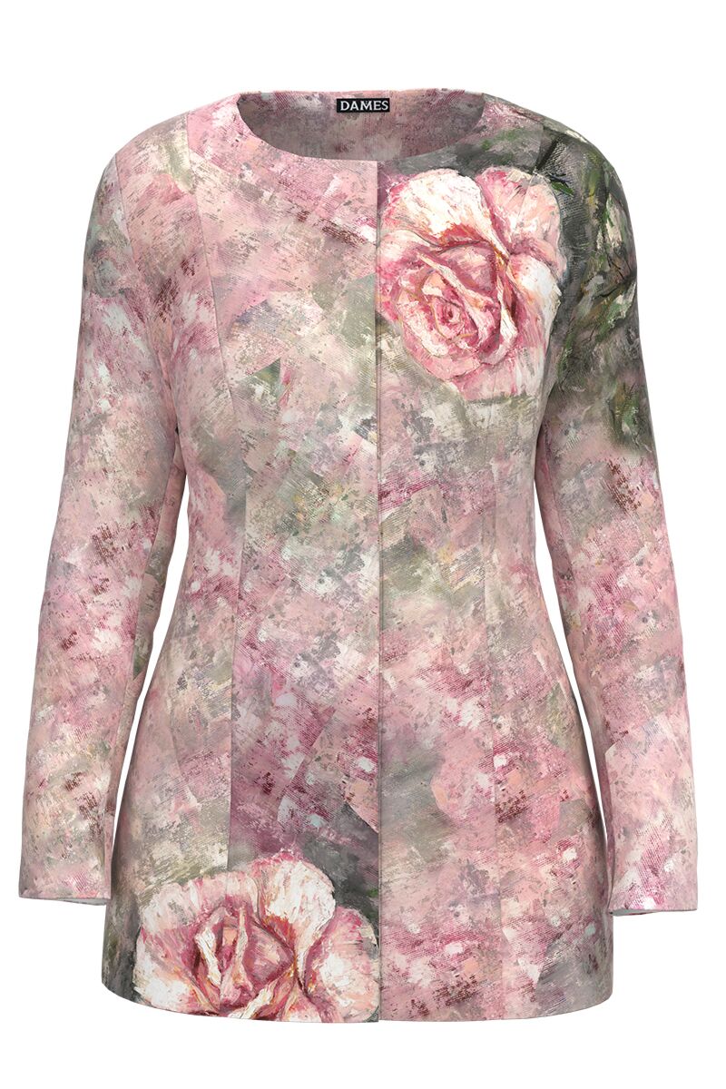 Jacheta de dama roz de lungime medie imprimata cu model Trandafiri CMD2326