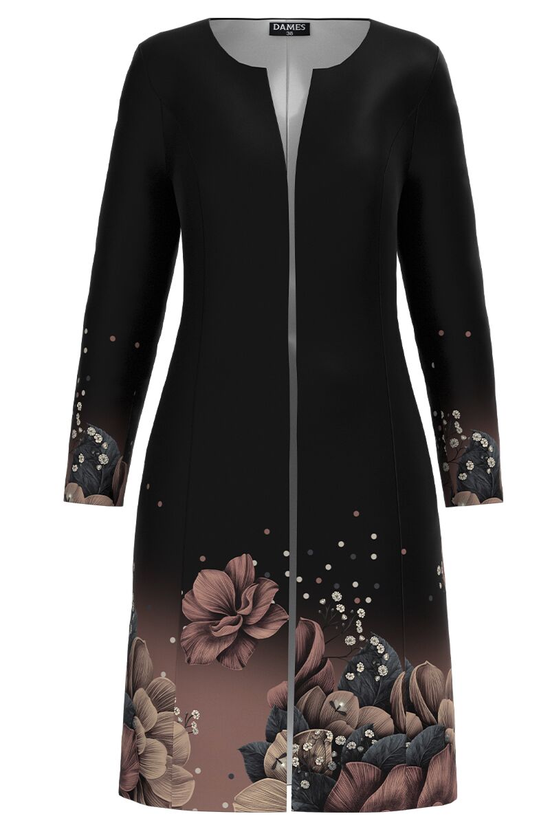 Jacheta DAMES neagra de dama lunga imprimata cu model floral 