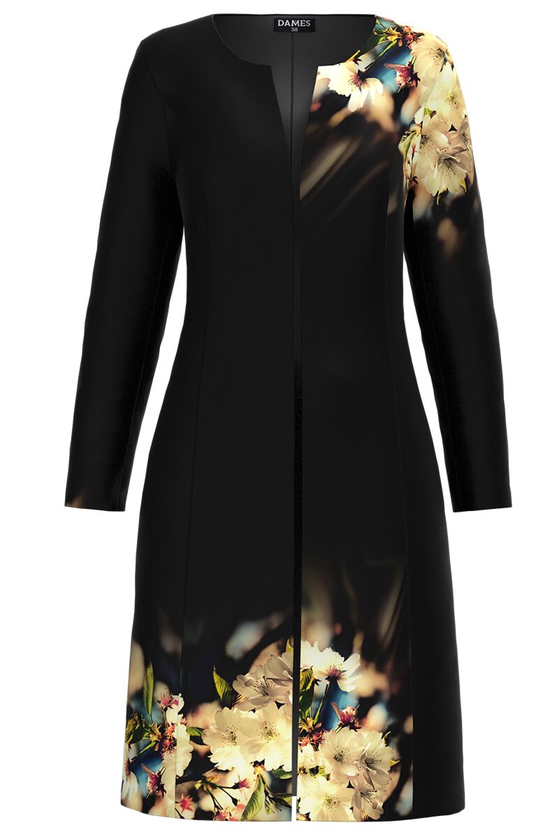 Jacheta DAMES neagra de dama lunga imprimata cu model flori de cires 