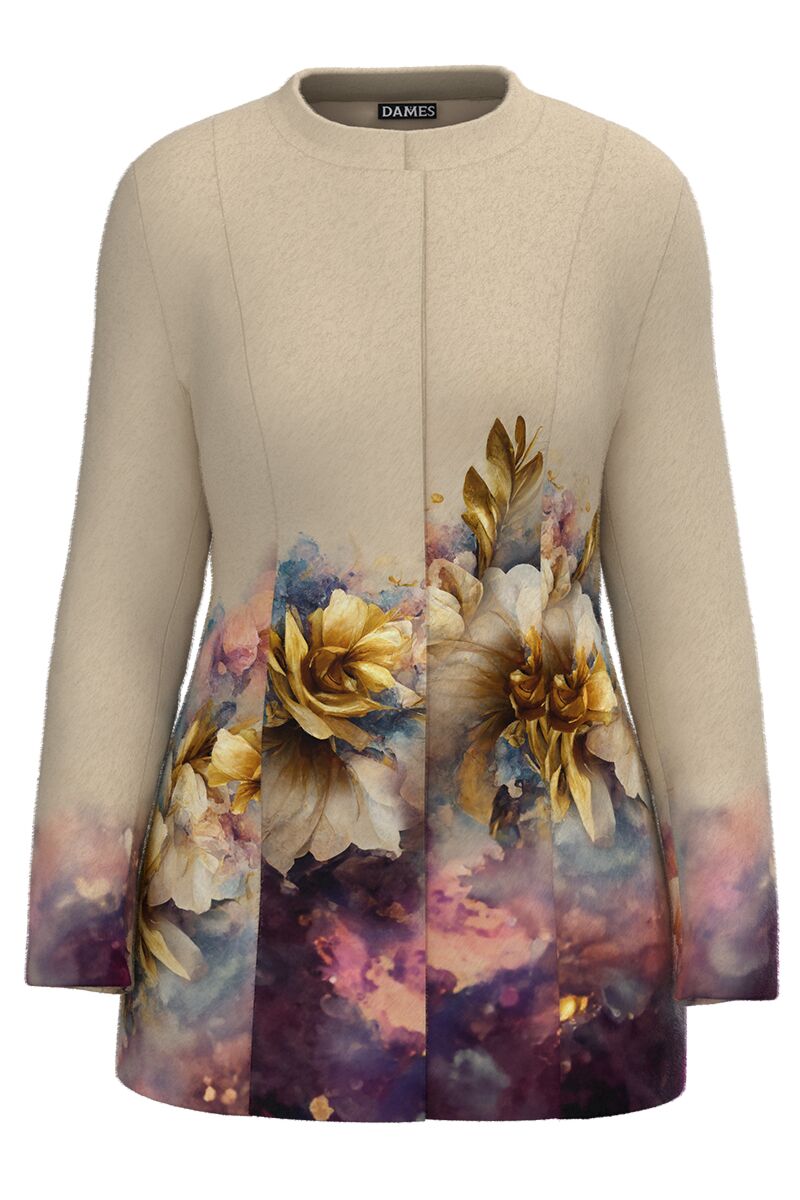 Palton dama bej elegant si calduros imprimat cu model floral CMD4839