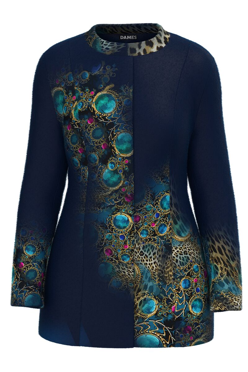Palton DAMES bleumarin elegant si calduros imprimat cu model turcoaz 