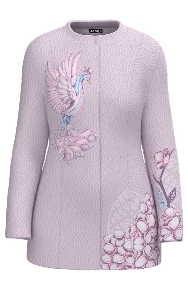 Palton DAMES  in nuante de roz, elegant si calduros imprimat pasarea Phoenix 