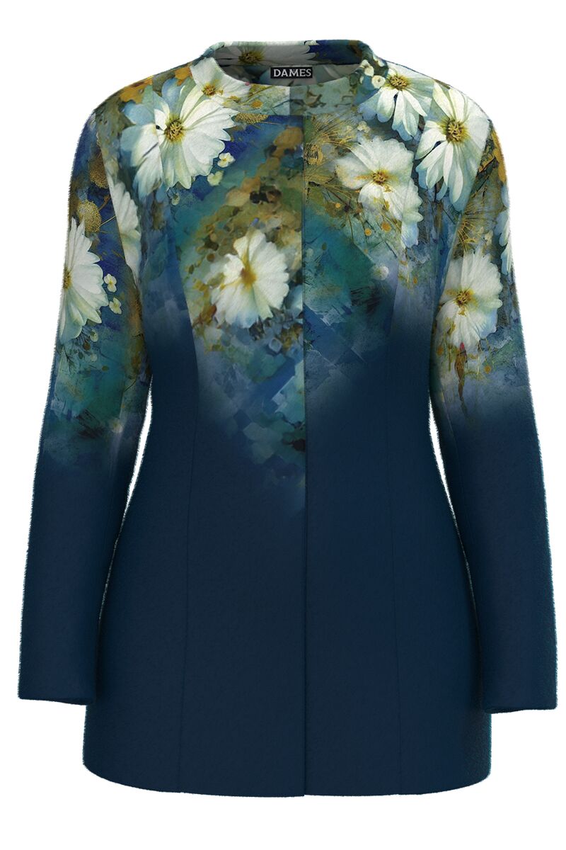 Palton de dama bleumarin elegant si calduros imprimat cu model floral CMD4705