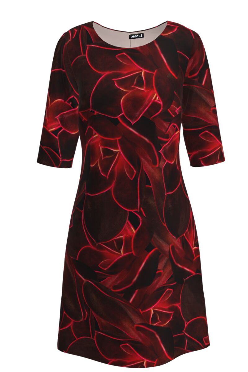 Rochie  casual cu maneca trei sferturi imprimata cu accente electrizante rosii