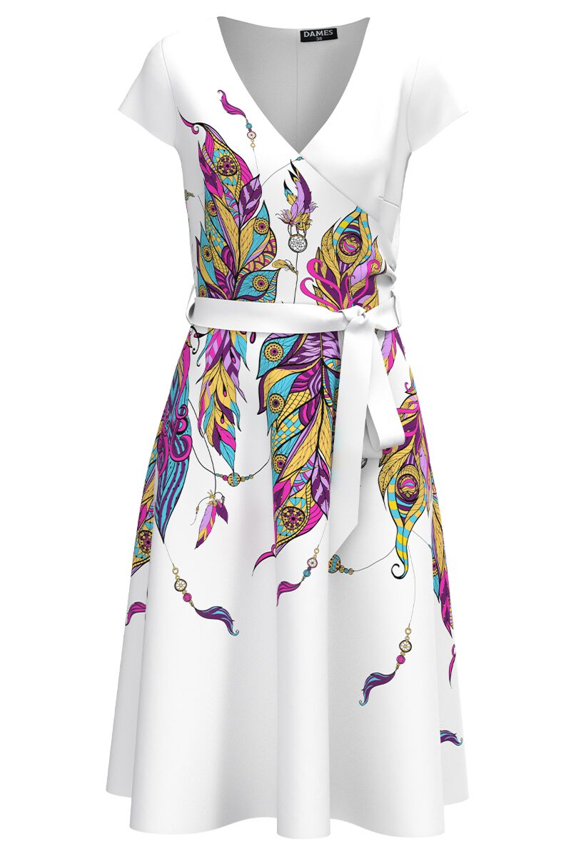 Rochie alba de vara cu maneca scurta imprimata cu model multicolor  CMD4286