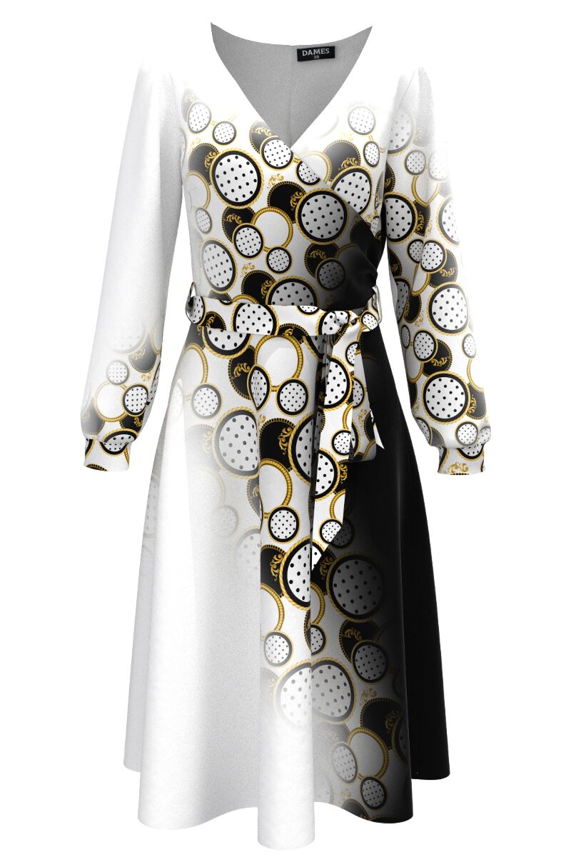Rochie alba eleganta cu maneca lunga imprimata cu model geometric CMD3060