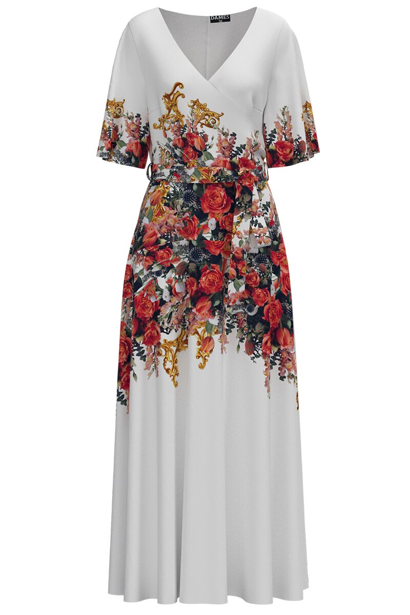 Rochie alba lunga eleganta de seara imprimata cu model floral  CMD2584