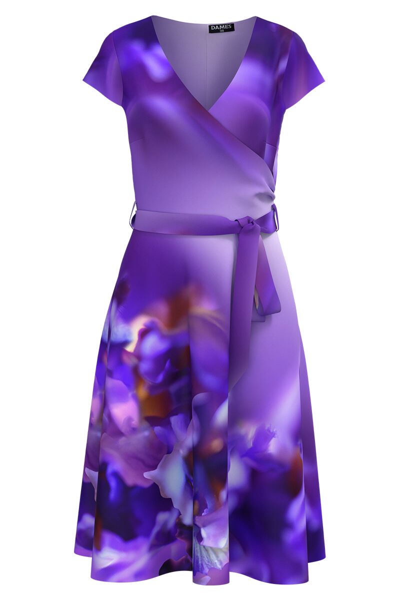 Rochie albastru violet eleganta de vara cu maneca scurta imprimata floral   CMD4363
