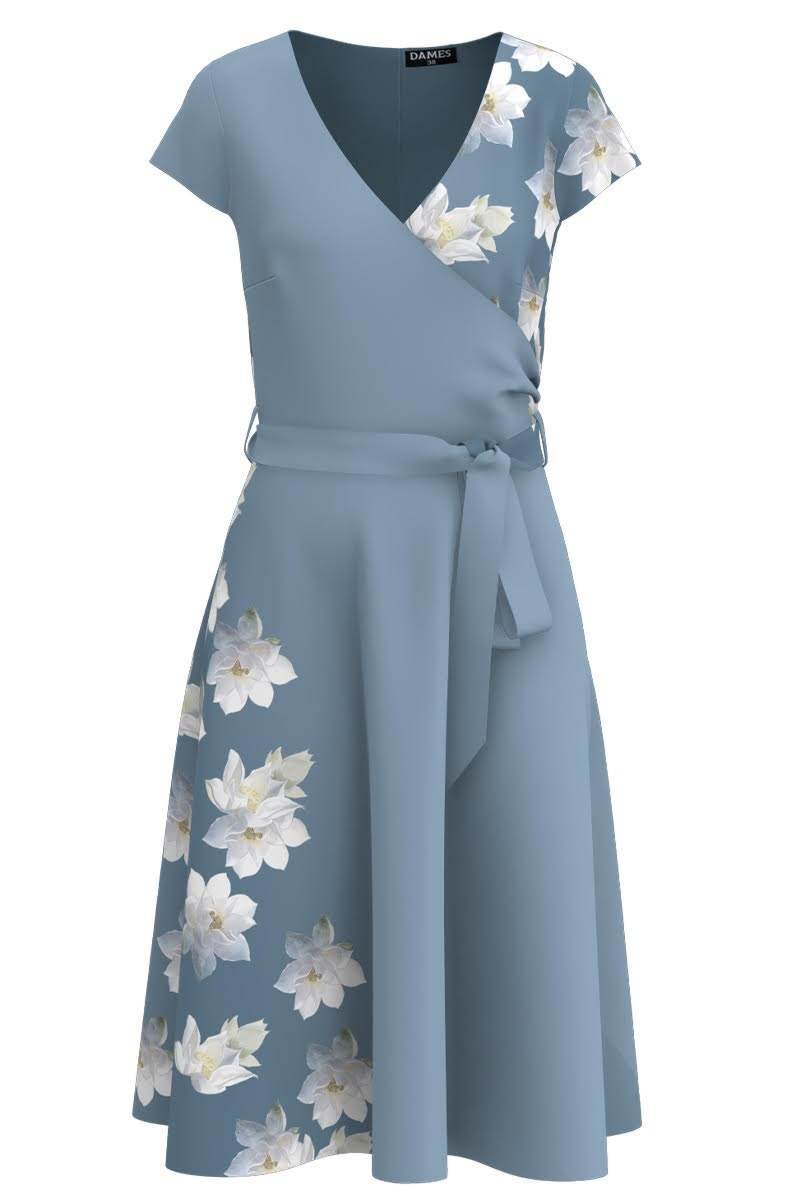 Rochie bleu de vara cu maneca scurta imprimata cu model Nuferi CMD3206