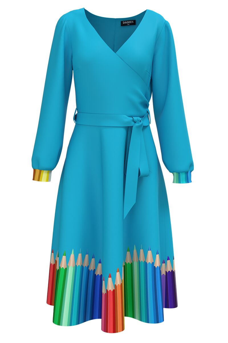 Rochie bleu eleganta cu maneca lunga imprimata Creioane colorate CMD4664
