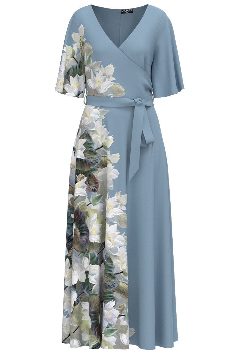 Rochie bleu lunga eleganta de seara imprimata cu model floral  CMD2634