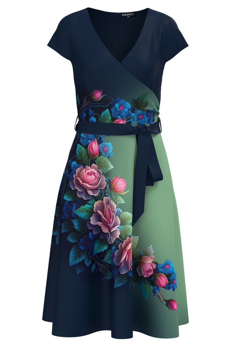 Rochie bleumarin de vara cu maneca scurta imprimata cu model floral  CMD4150