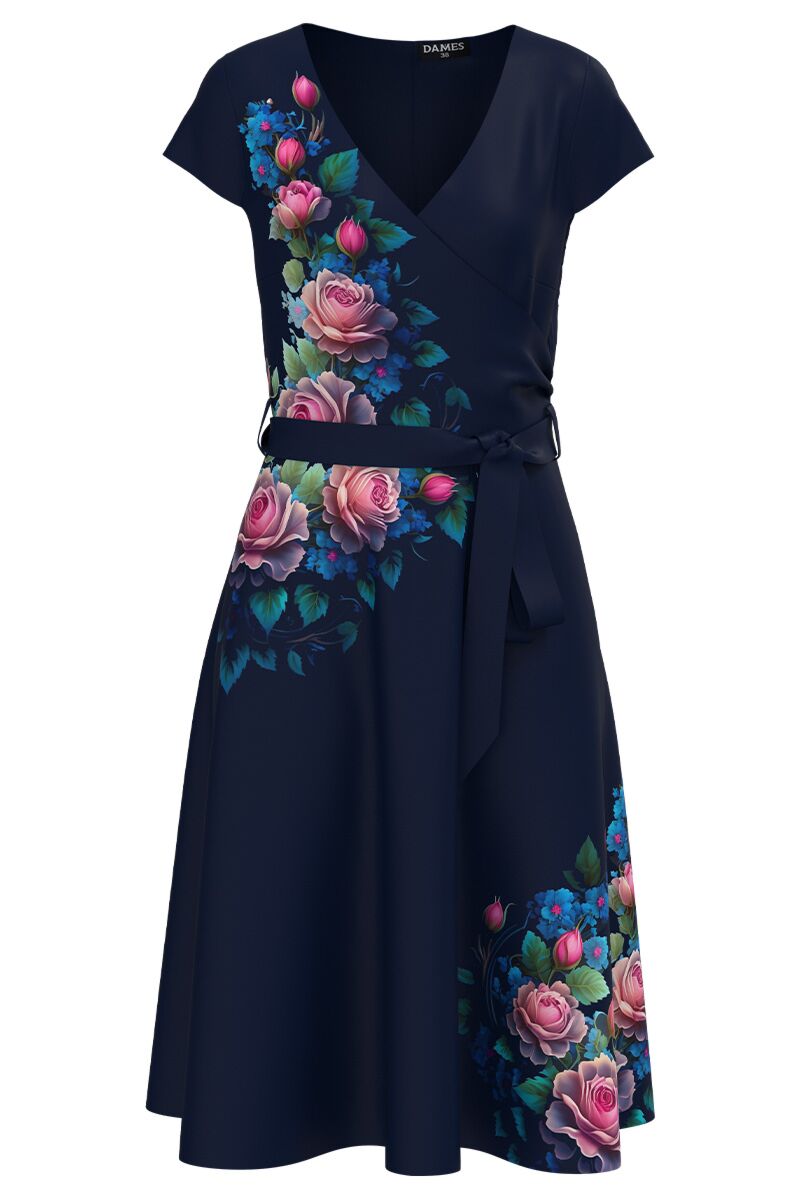 Rochie bleumarin de vara cu maneca scurta imprimata cu model floral  CMD4152