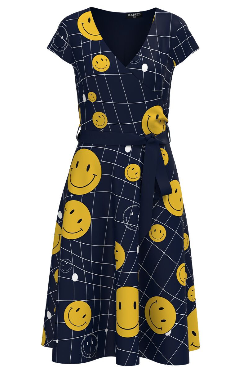 Rochie DAMES bleumarin de vara cu maneca scurta imprimata Emoji  