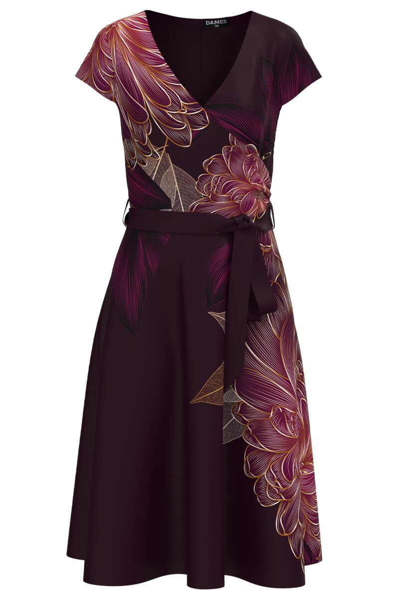 Rochie bordo eleganta de vara cu maneca scurta imprimata floral   CMD4430