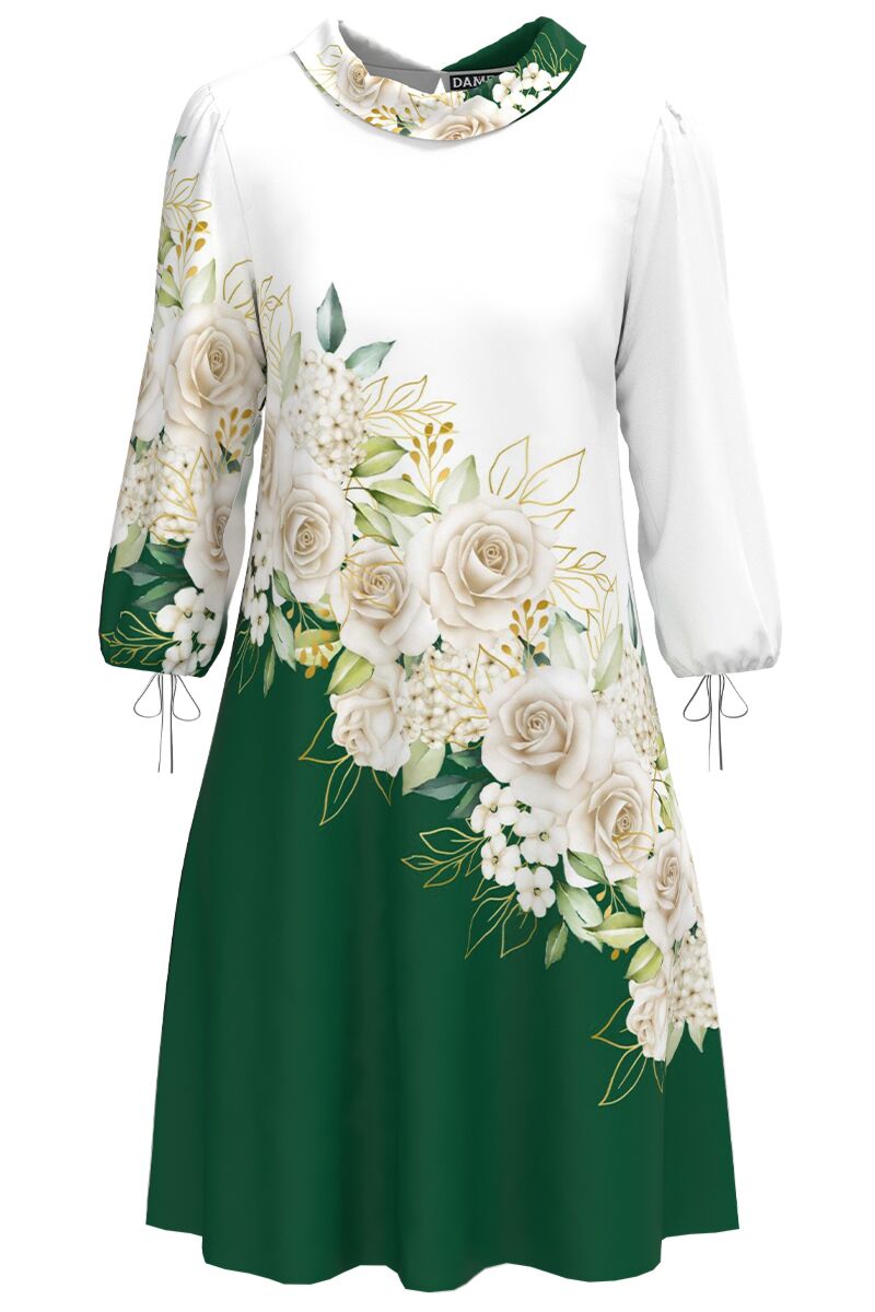 Rochie DAMES casual alb verde cu imprimeu trandafiri 