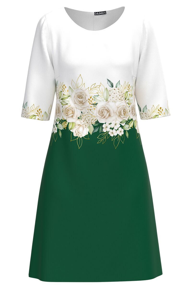 Rochie casual alb verde imprimata cu model trandafiri  CMD3365