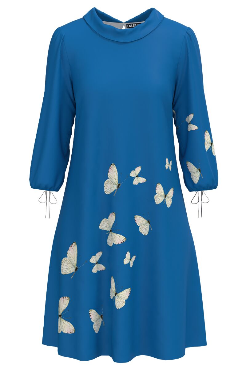 Rochie casual albastra cu maneca trei sferturi imprimata fluturi  CMD4139
