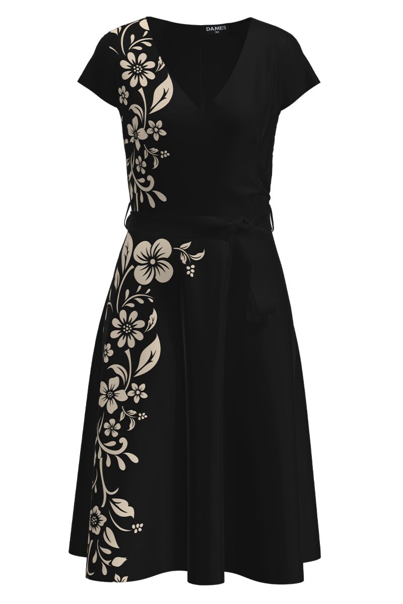 Rochie casual neagra de vara cu maneca scurta imprimata cu model floral CMD2654