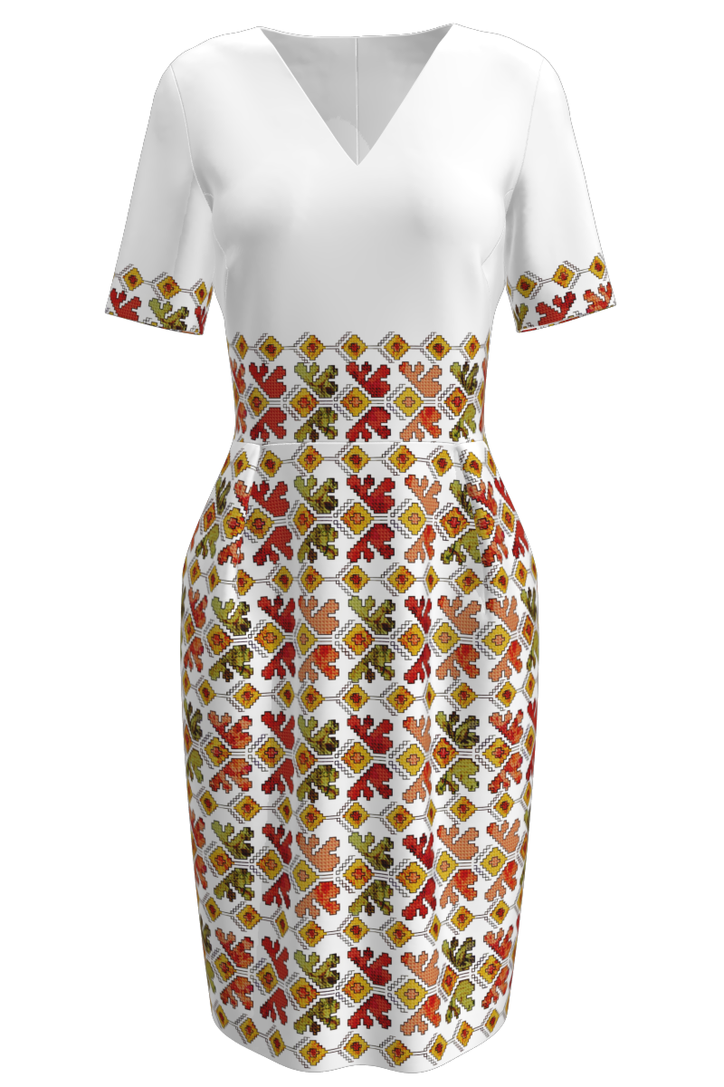 Rochie DAMES casual, albă, imprimată digital cu elemente tradiționale românești.