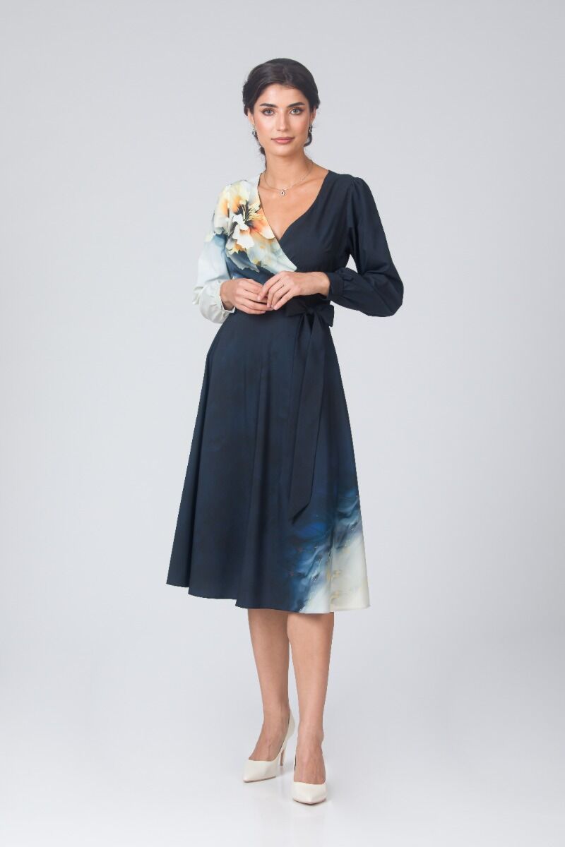 Rochie DAMES bleumarin in degrade eleganta cu maneca lunga imprimata floral
