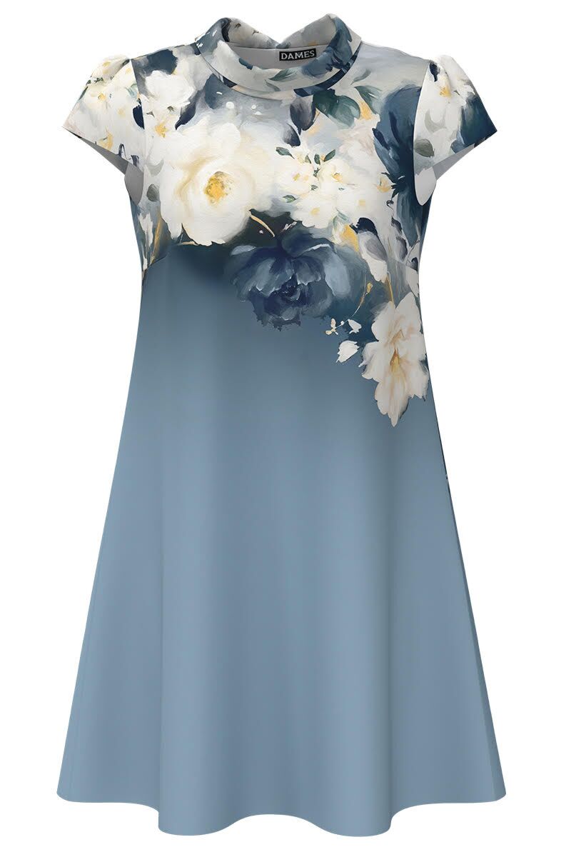 Rochie casual bleu imprimata cu model floral   CMD4606