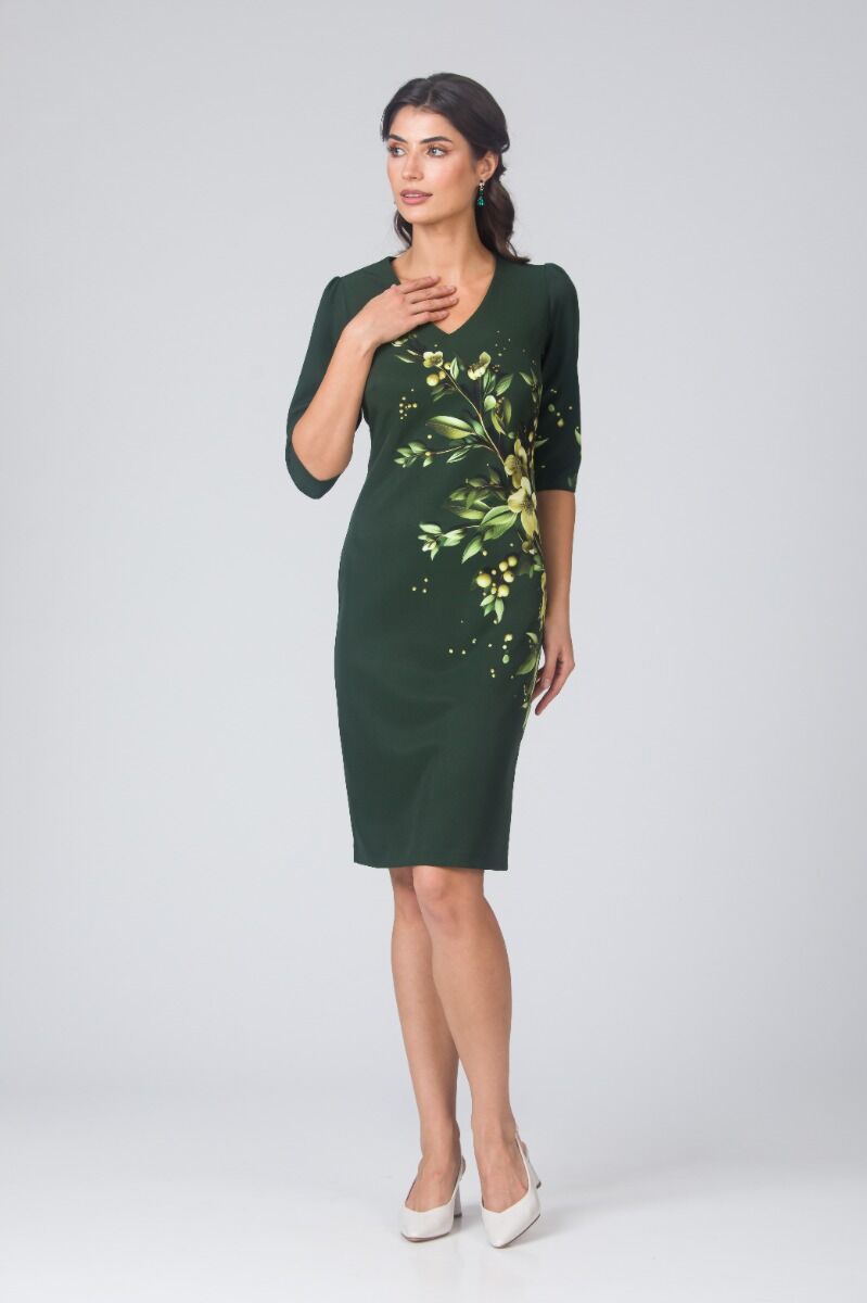 Rochie DAMES casual verde cu decolteu in V imprimata cu model floral 