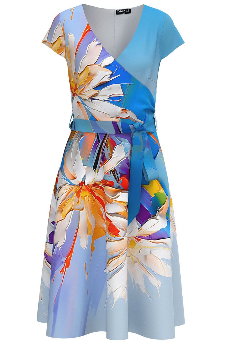 Rochie de vara bleu cu maneca scurta imprimata multicolor