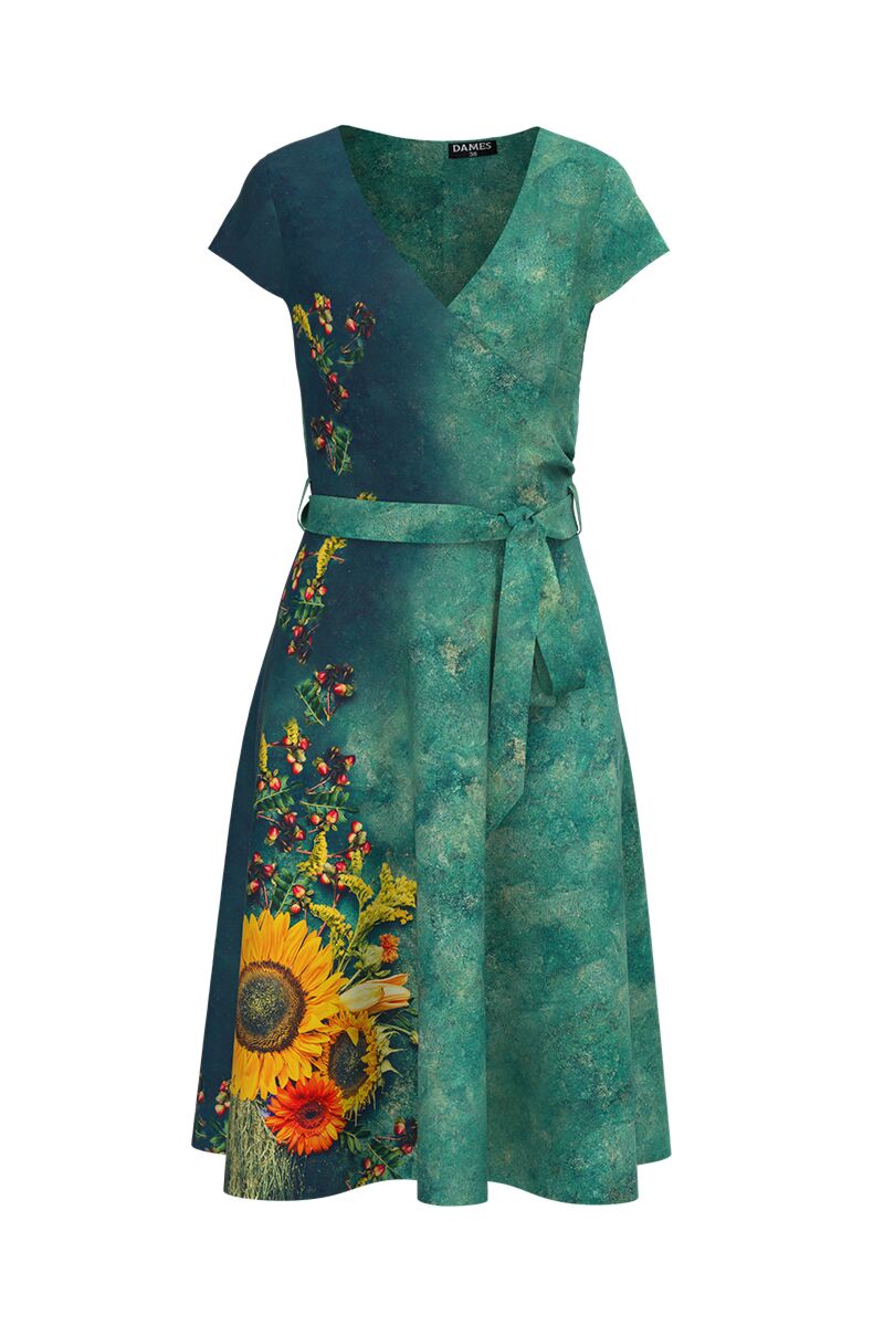 Rochie DAMES eleganta, de vara, cu maneca scurta imprimata digital Floarea soarelui
