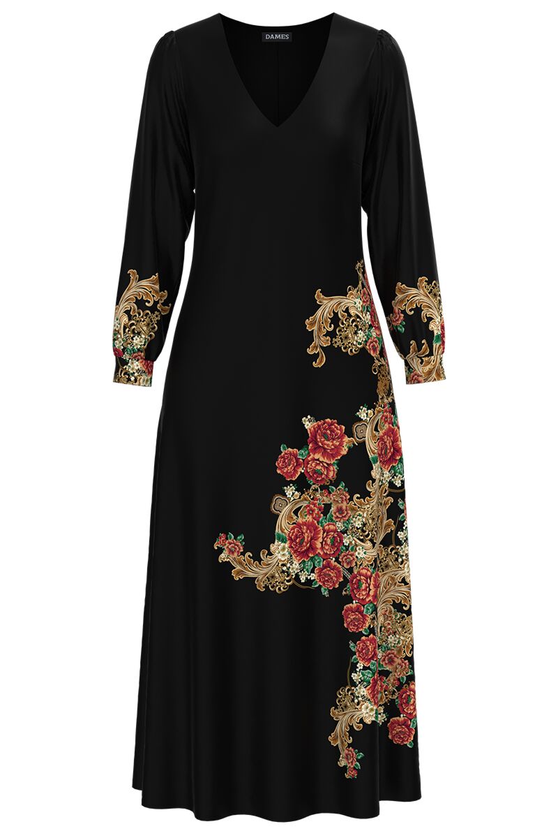 Rochie DAMES  eleganta neagra cu maneca lunga si imprimeu Floral auriu 