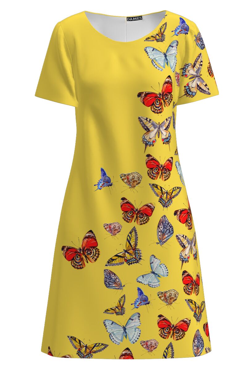 Rochie DAMES  galbena casual evazata imprimata digital cu fluturi multicolori 